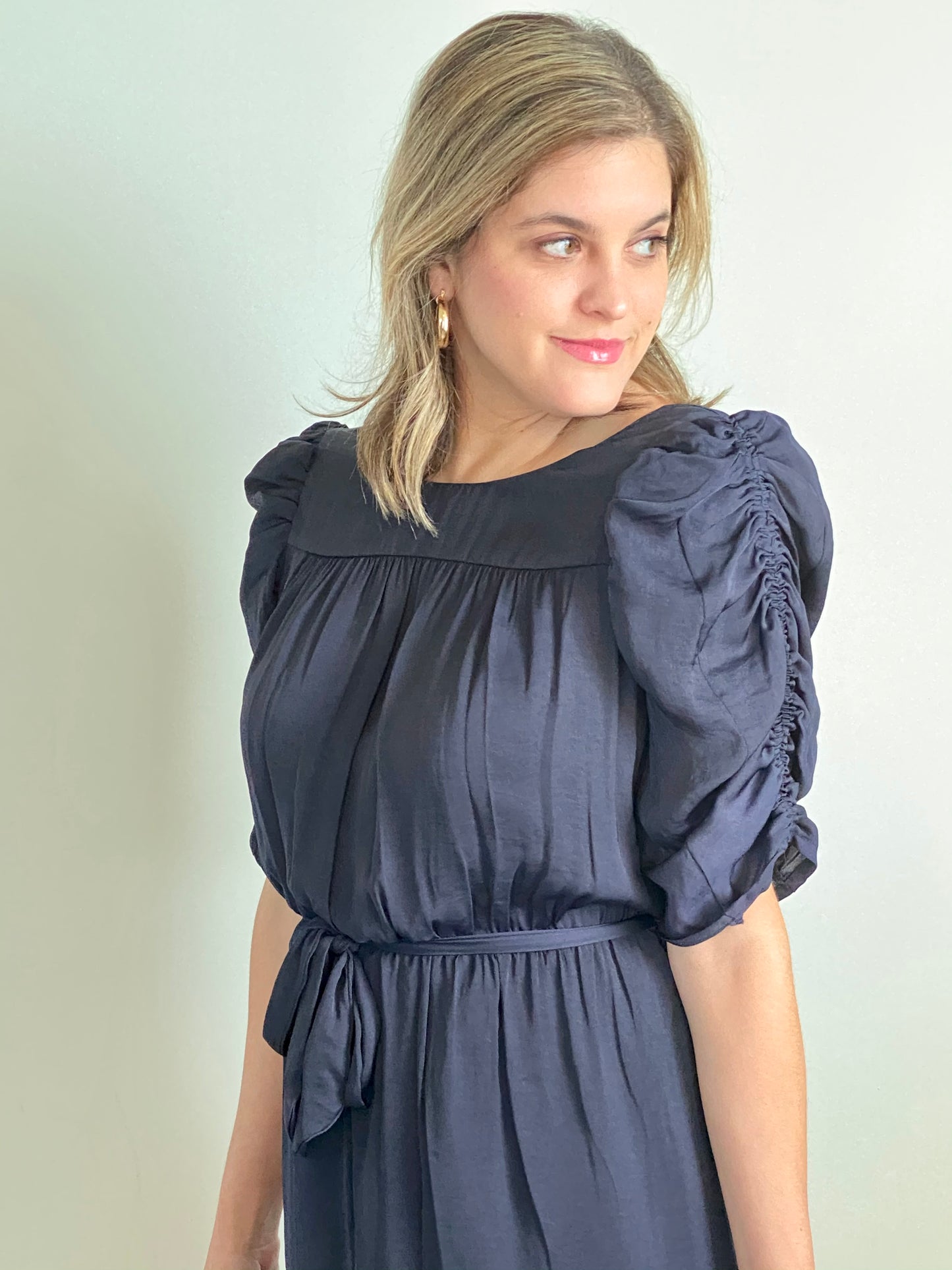 Ruched Sleeve Navy Dress