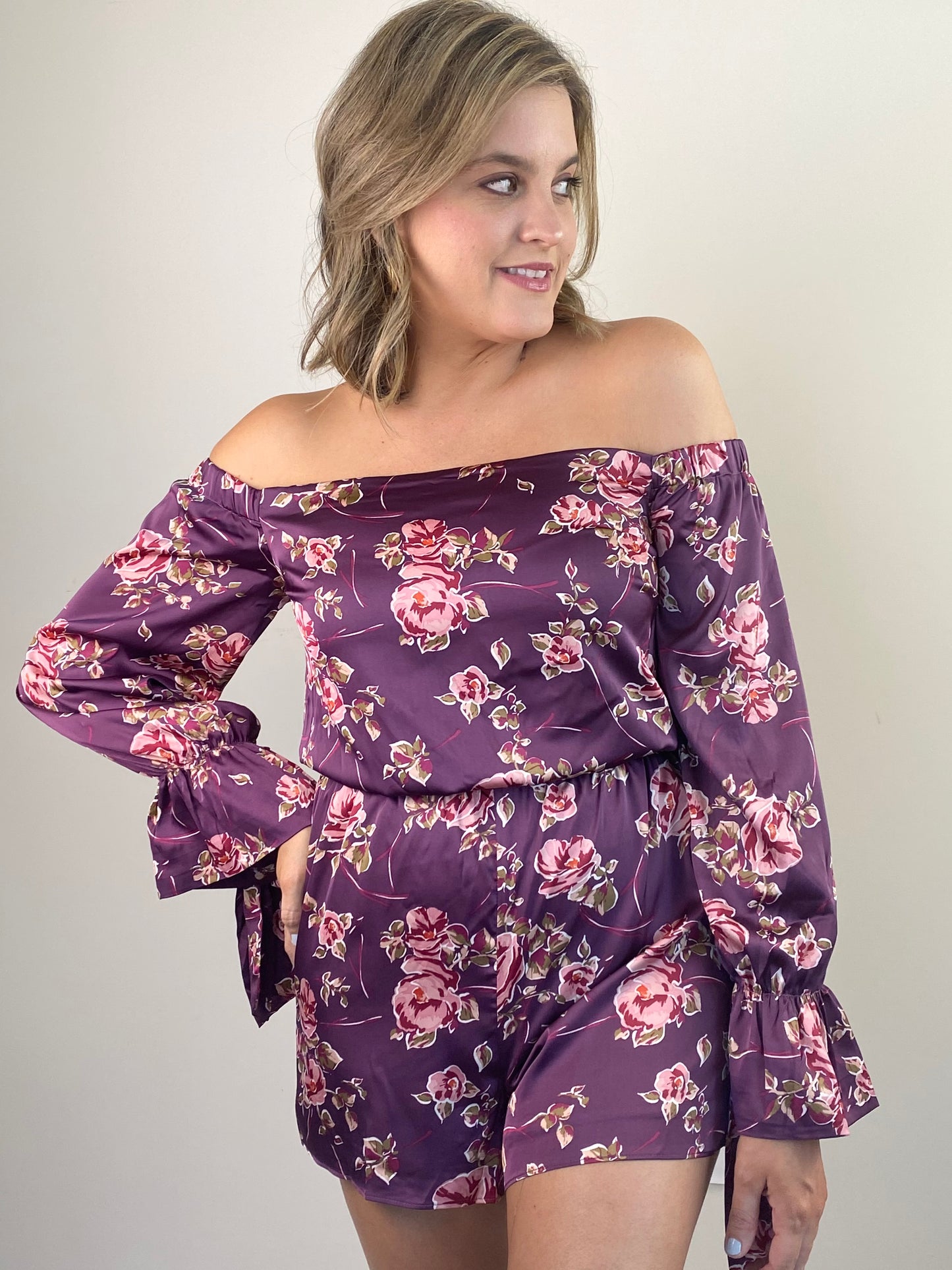 Violet Off Shoulder Floral Romper