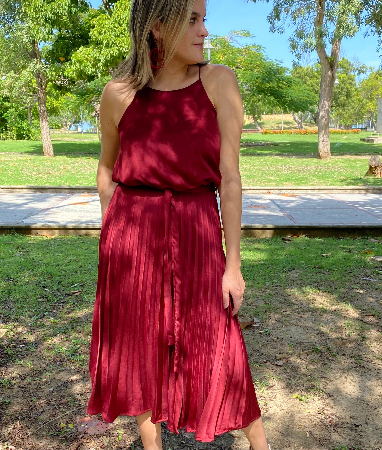 Wine Satin Midi Dress