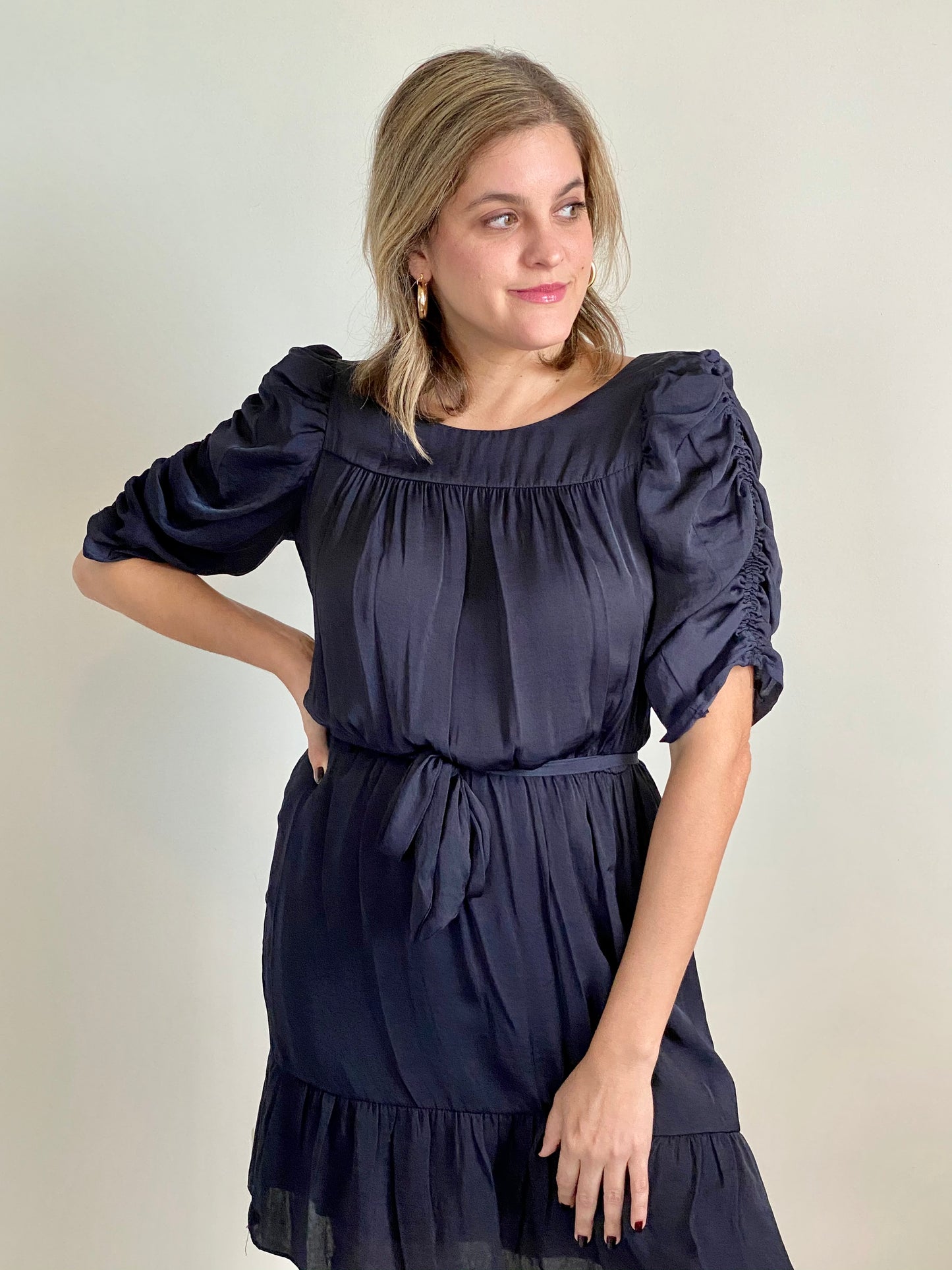 Ruched Sleeve Navy Dress