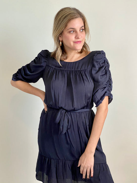 Ruched Sleeve Navy Dress