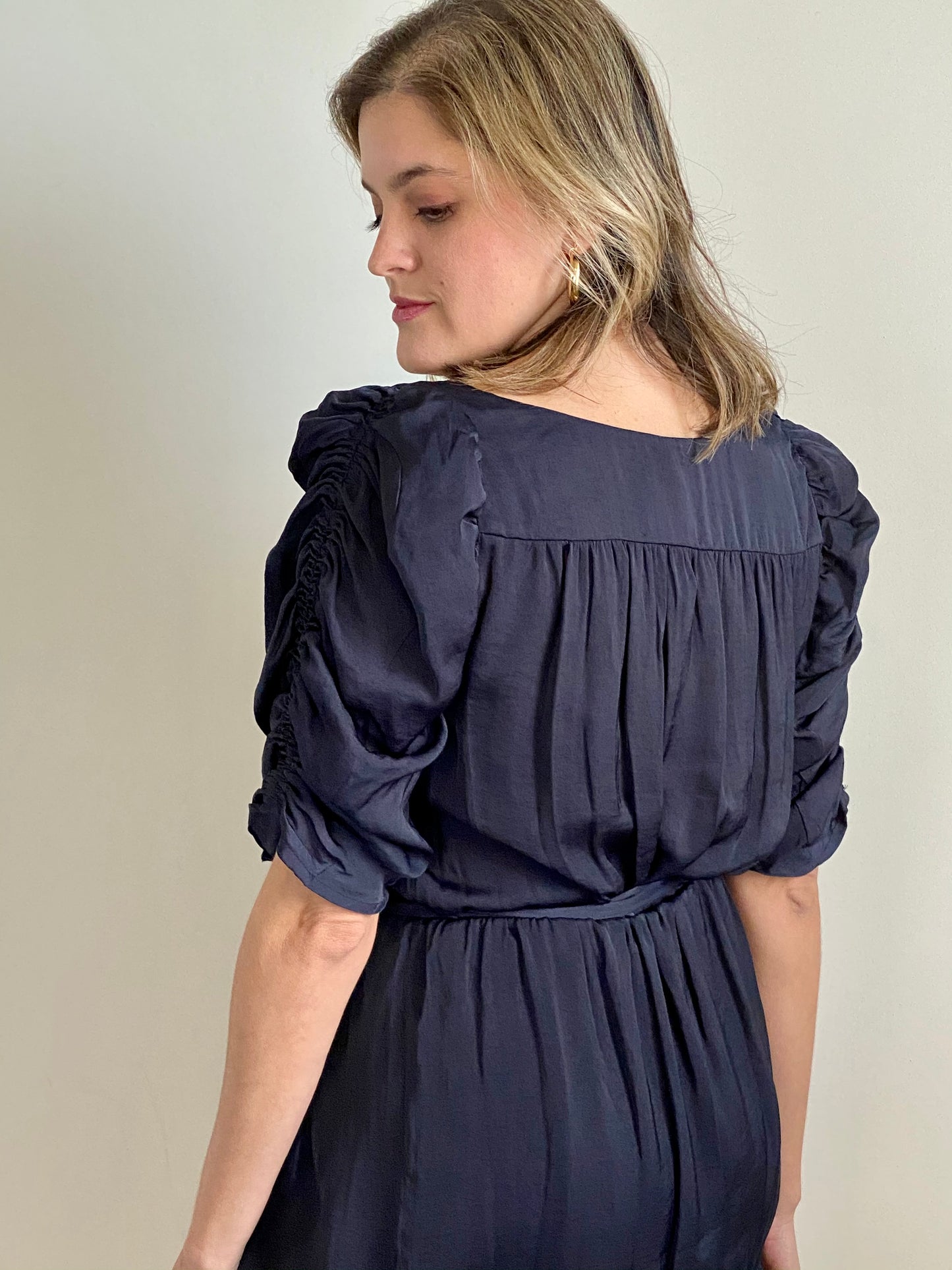 Ruched Sleeve Navy Dress